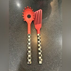 Mackenzie Childs Courtly Check & Red kitchen utensils fish spatula & pasta spoon